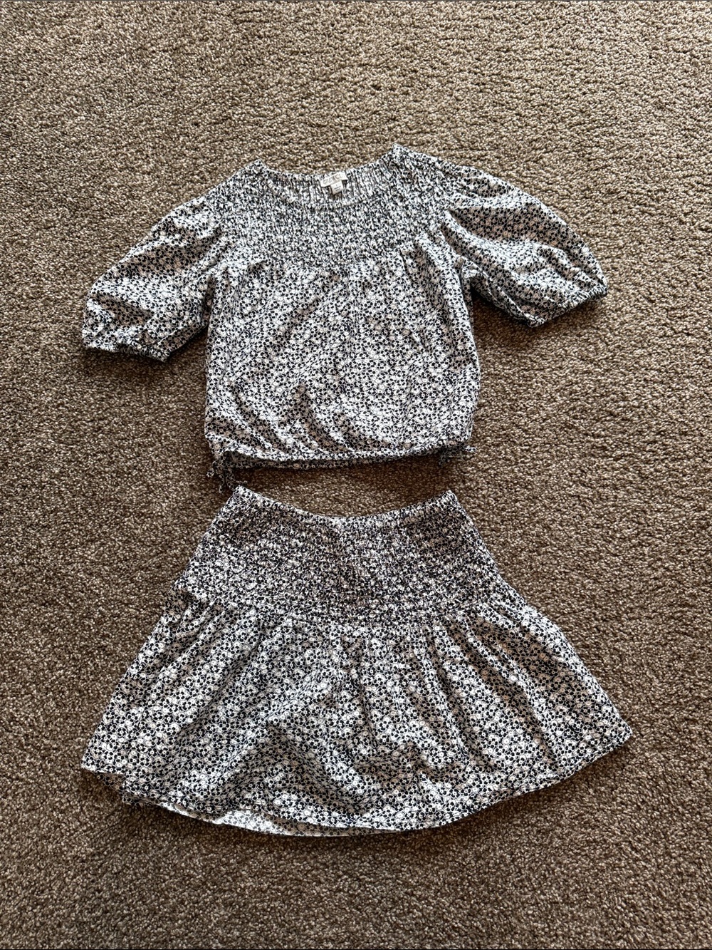 Crewcuts Smocked Waist Floral Skirt Set - Black/White